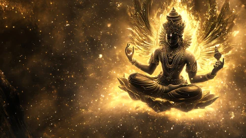 Winged meditative deity figure is rendered in luminous gold