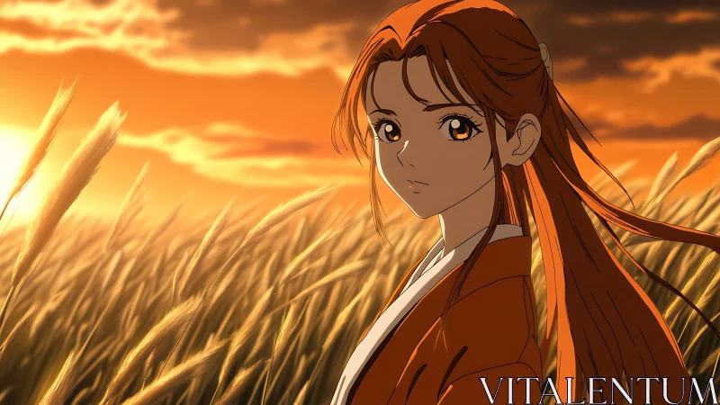 Sunlit anime heroine stands in glowing wheat field at dusk.