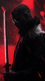 Sword warrior silhouette under red rain, neon backlit.