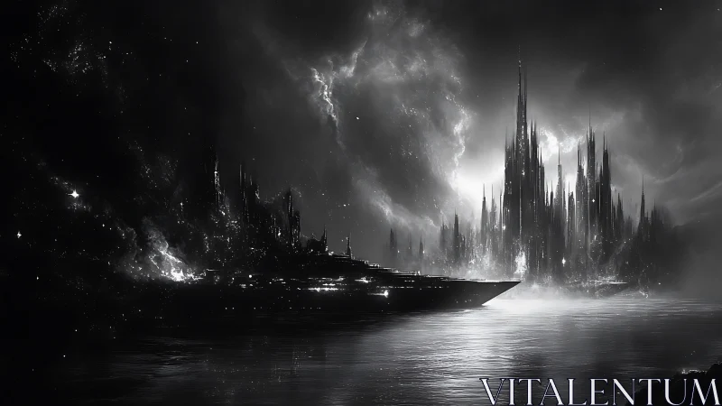 Monochrome starcruiser approaching spired cosmic megacity