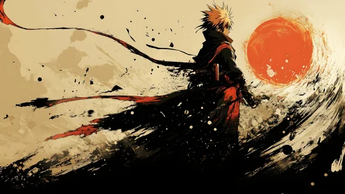 Storm-brushed ronin studies a painted sun of burning ink