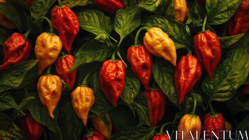 Red and yellow habanero peppers scattered over green leaves.