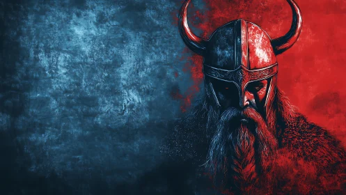 Brooding Viking warrior in split red and blue portrait.