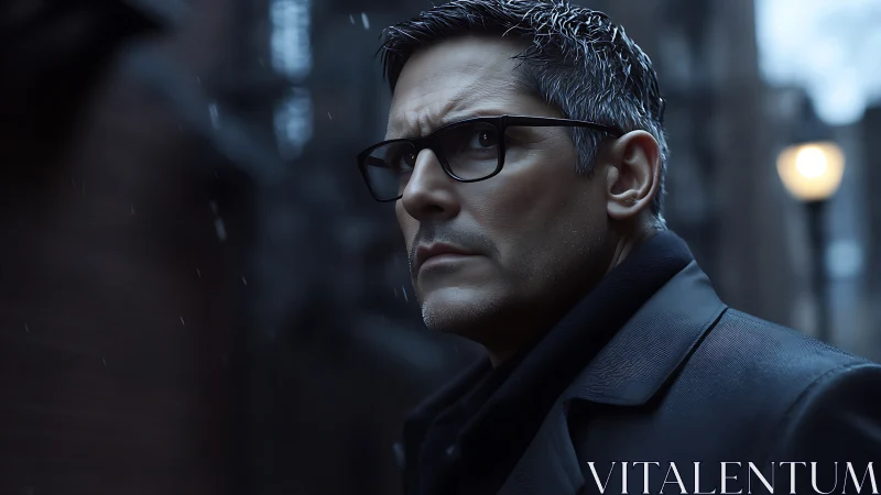 Brooding night detective stalks rain-dimmed city streets.