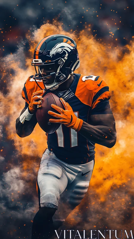 Dynamic football runner advances through explosive color haze