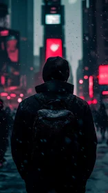 Cyberpunk snowfall silhouette in neon urban corridor perspective.