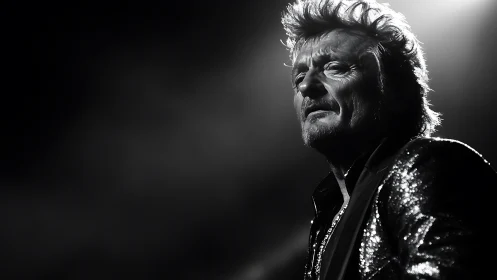 Black and white stage portrait of mature male singer.