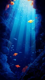 Sunlit vertical underwater ravine contains scattered orange fish