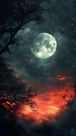 Full moon hangs above burning red horizon with dark trees