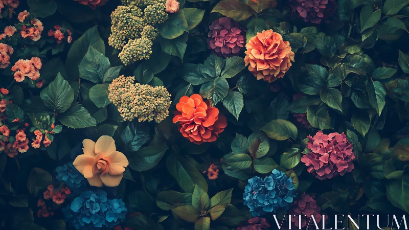 Garden's Colorful Dance: Blooms Against a Dark Canvas