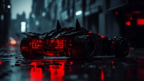 Lego-style cyberpunk pursuit vehicle in neon red rain-soaked alley