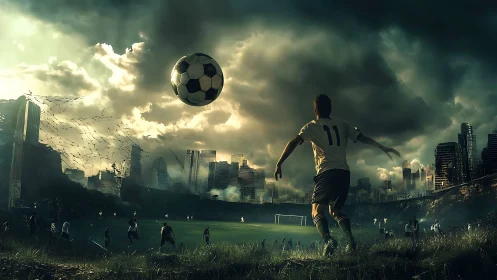 Soccer player watches ball in dramatic urban storm sky