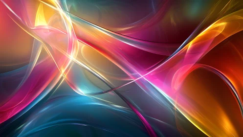Vibrant neon light ribbons crossing in abstract motion.