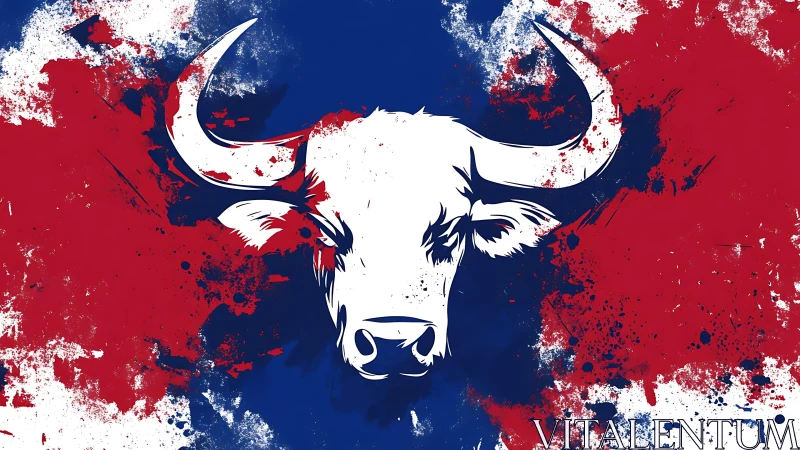 Bull head silhouette on red and blue paint splatter background.
