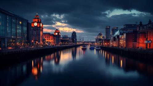 Urban canal at dusk with illuminated clock towers and boats.