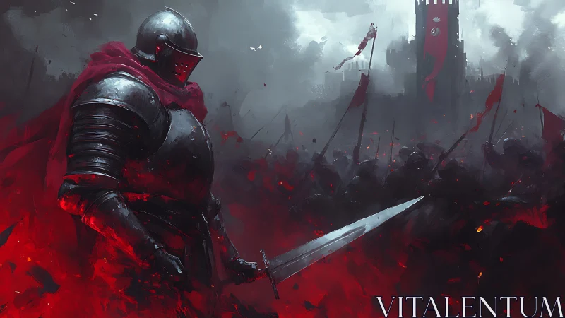Lone armored knight stands ready amid crimson battle storm.