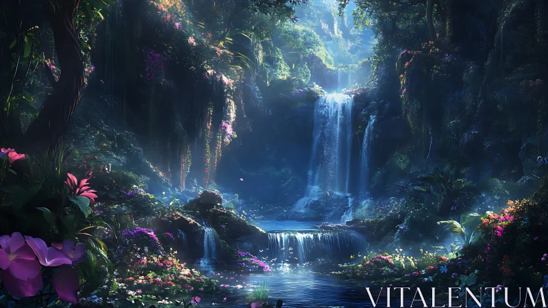Lush digital forest waterfall with glowing floral accents.