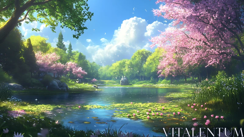 Chromatic spring lake under volumetric daylight rendering.