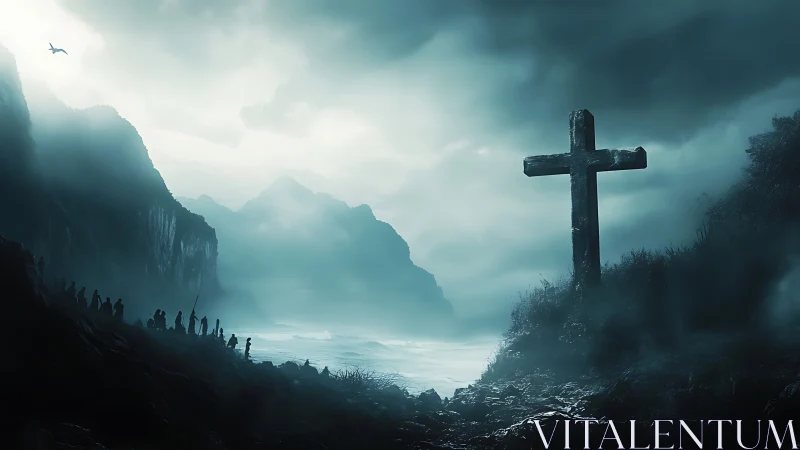 Coastal headland with large timber cross in sea mist.