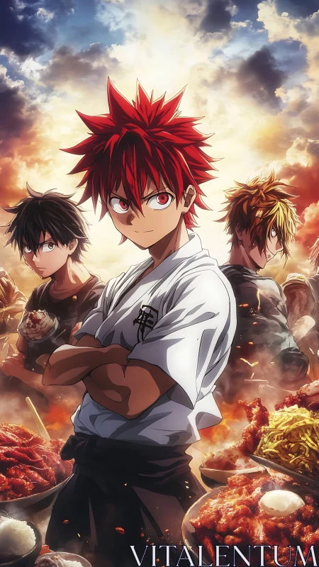 Culinary duel triad framed by explosive anime skyscape.