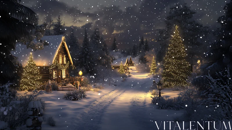 Snowy village lane glows with cozy, festive cabin lights.