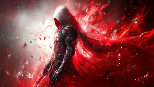 Hooded cyber warrior dissolves into swirling crimson storm.