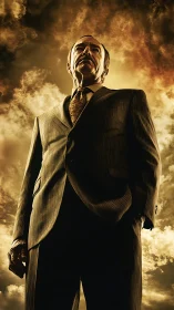 Low angle senior businessman in pinstripe suit under storm sky