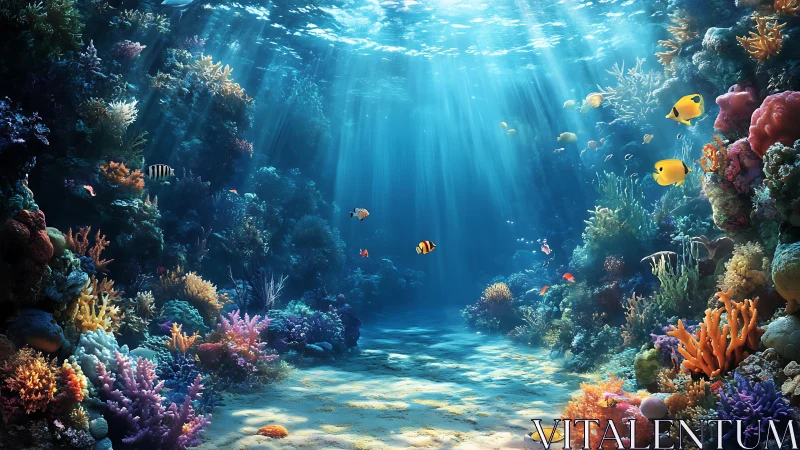 Sunlit coral reef canyon with colorful tropical fish life.