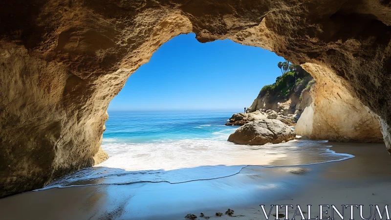 Coastal sea cave frames tranquil turquoise ocean view.