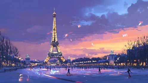Eiffel Tower glows over winter Paris skating plaza at dusk