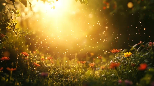 Sunlit wildflower meadow with glowing airborne particles.