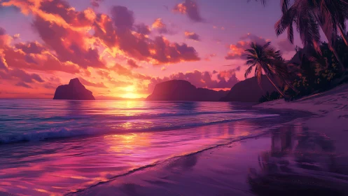 Hyper-saturated tropical shoreline at radiant magenta sunset
