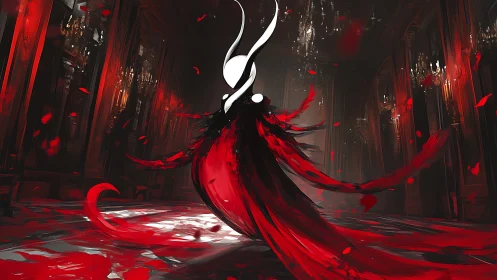 Abstract horned figure in red cloak within dark hall.