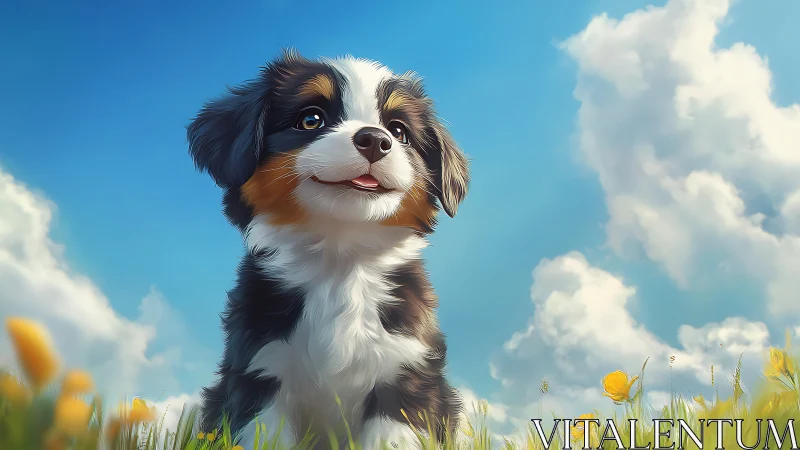 Playful tricolor puppy in sunny wildflower meadow.