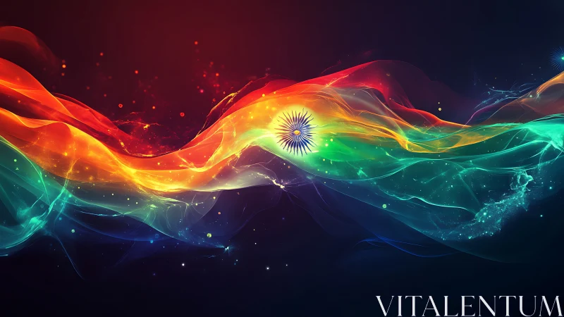 Abstract tricolor energy wave with central radial emblem