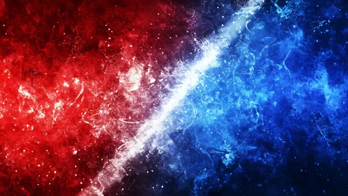 Bold red and blue energy clouds meet in a glowing divide.