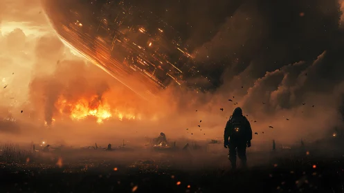 Lone explorer watching a burning spacecraft cross the sky.