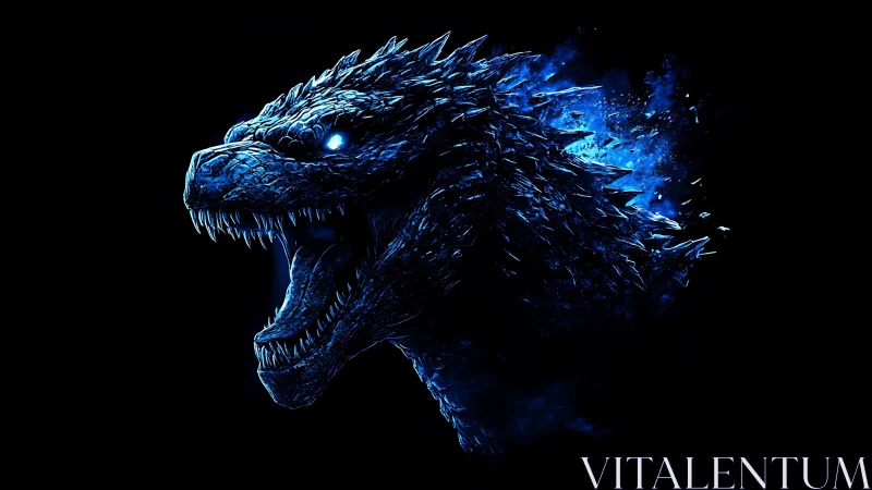 Blue illuminated kaiju profile with glowing eyes and spines.