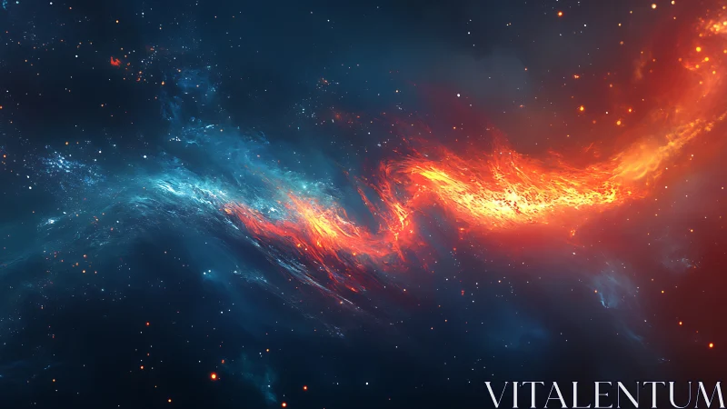 Contrasting blue and orange nebular forms traverse dark space