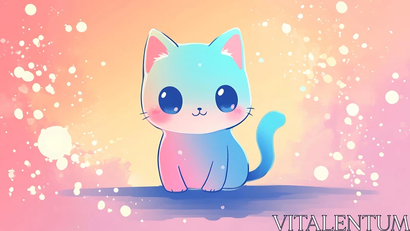 Pastel gradient kitten illustration on dreamy bokeh field.