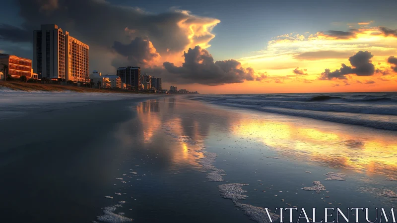 Coastal high-rise waterfront under reflective sunset sky.