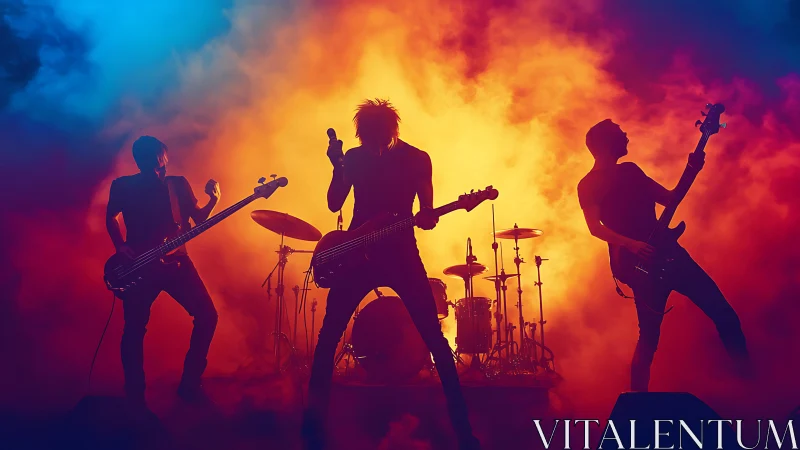 Backlit rock band silhouettes against bicolored concert haze