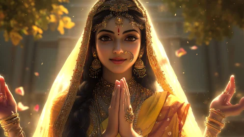 Graceful Indian woman glows in golden festive sunlight