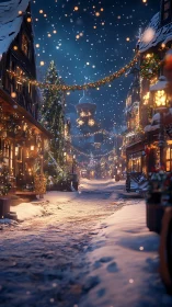 Snowy village lane shimmers under lanterns and starlit garlands