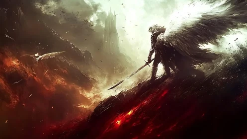 Digital painting of angelic warrior on volcanic ridge.