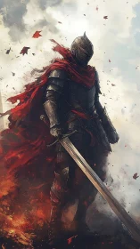 Armored knight with sword amid smoke and burning embers.