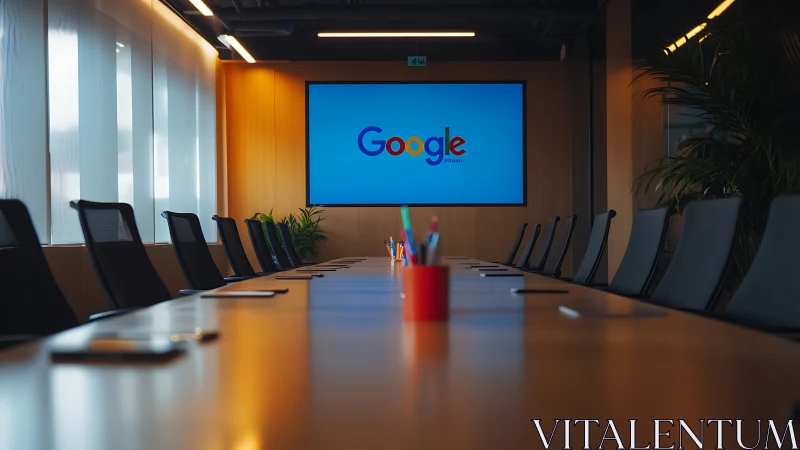 Modern conference room with Google logo on display screen.
