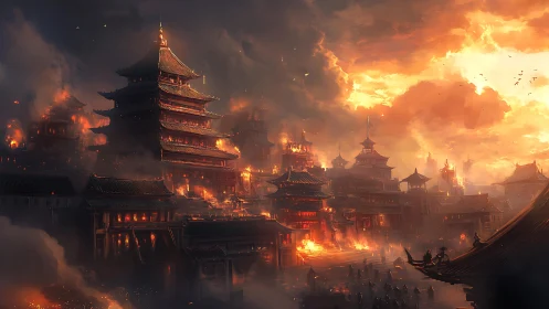Apocalyptic East Asian Cityscape with Pagoda Architecture Engulfed in Catastrophic Firestorm