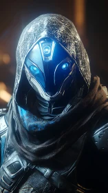 Hooded cybernetic sentinel gazes ahead in glowing blue silence