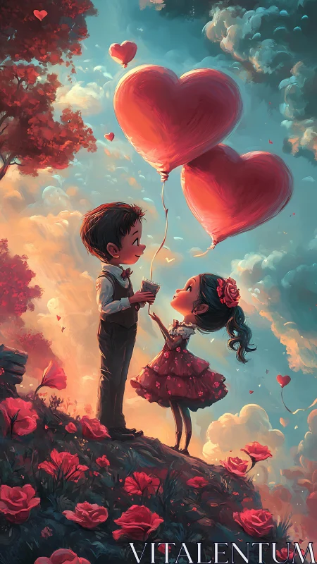 Two Children with Heart-Shaped Balloons Floating Through Clouds.